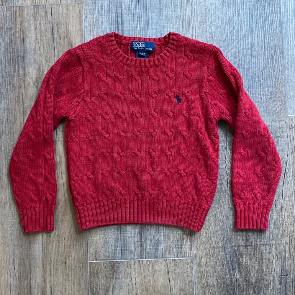 Polo Ralph Lauren Kids Red Cable Knit Crew Neck Sweater Size 4/4T Navy Pony Logo